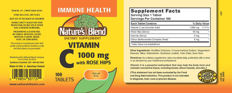 Nature`s Blend Vitamin C 1000mg w/Rose Hips Tablets 100 ct