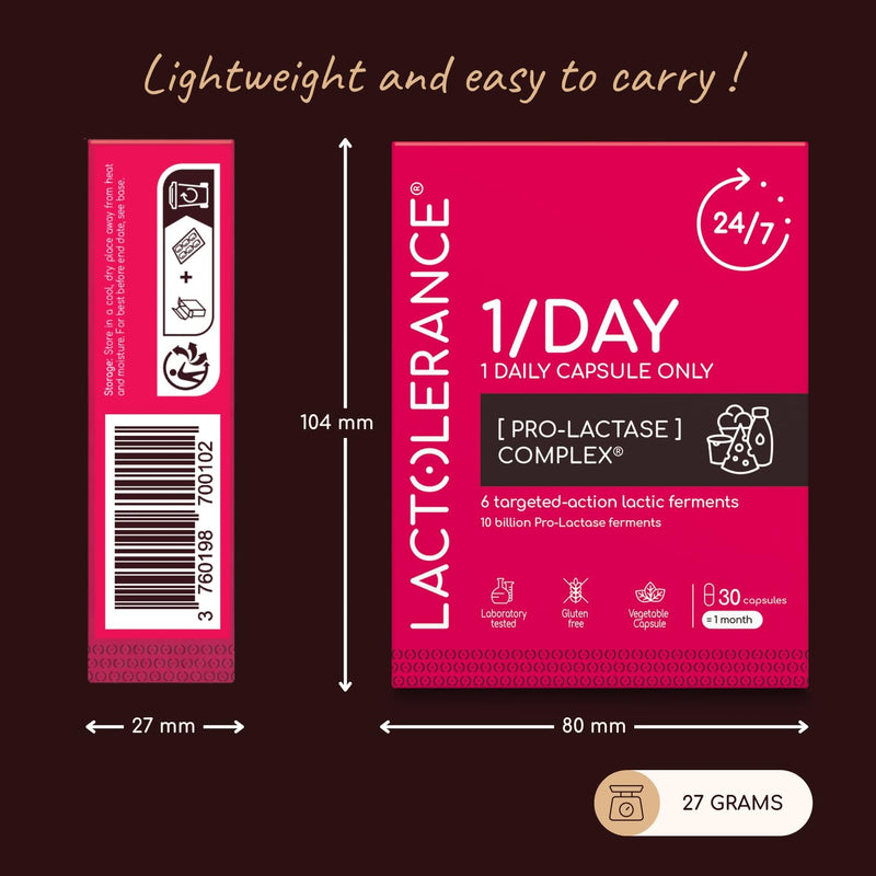 LACTOLERANCE 1/Day | Daily Probiotic for Lactose Intolerance | 10 Billion CFU Lactase Precursor | 24h Dairy Digestion Support | Only 1 Capsule Per Day | 30 Vegetarian Capsules Neutra