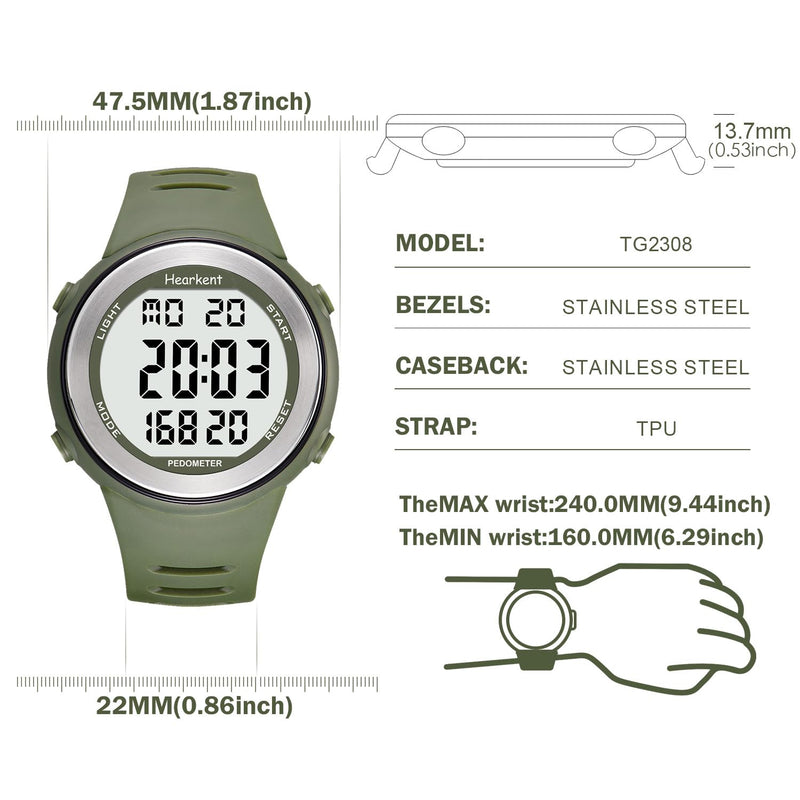 [Australia] - Waterproof Pedometer Watch No APP with Light, Digital Display Step Counter Watch for Calories Seconds Alarm Steps, Fitness Tracker Watch for Men Women green 