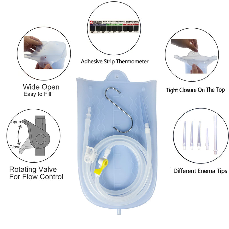[Australia] - Silicone Enema Bag Kit with 6.3ft Hose, 5 Enema Tips, Controllable Flow Valve and Water Thermometer - 2 Quart Capacity coffee enemas for Colon Cleanse 