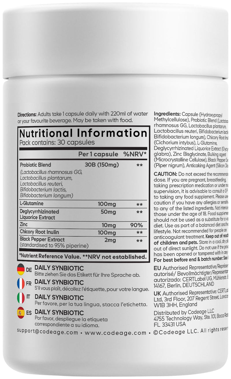 Codeage Daily Synbiotic Supplement - Prebiotics, Lactobacillus & Bifidobacterium Probiotics, L-Glutamine, Zinc L-Carnosine, DGL, Synbiotic Probiotic, BioPerine - Shelf-Stable - 30 Capsules