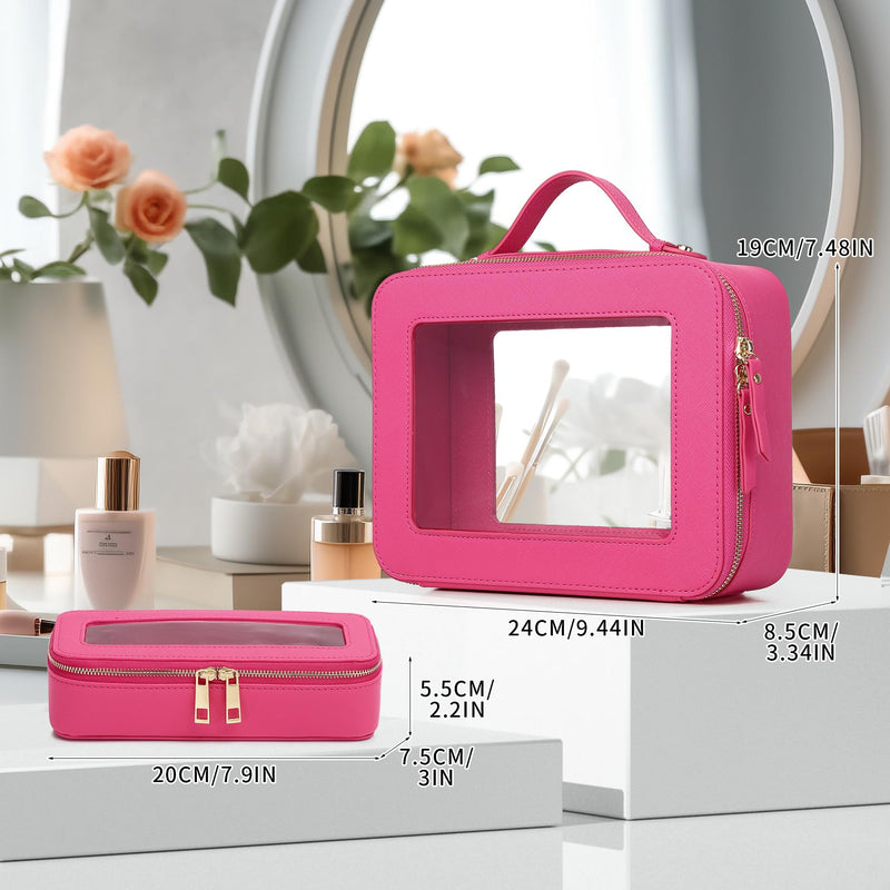 Pinkmik Travel Clear Makeup Bag with Brush Bag Portable Cosmetic Bag Case Transparent Toiletry Bag Cosmetic Organizer Storage Bag for Wome (X/Fuxia, L+SLIM) X/Fuxia