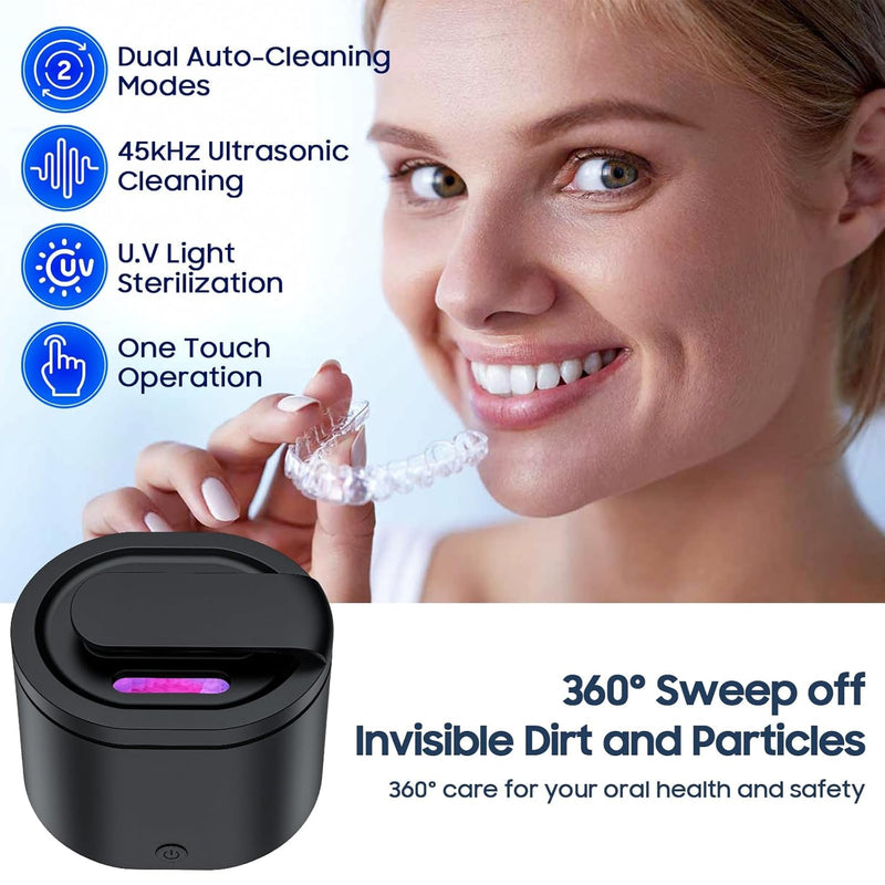 [Australia] - Ultrasonic Retainer Cleaner Machine for Denture: 45000Hz Portable Sonic Dental Cleaning Pod for Mouth Guard 45kHz Black 