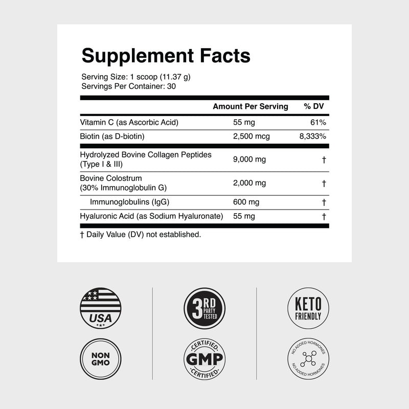 Bovine Colostrum Powder + Collagen Peptides | Hair, Skin, Nails, Immune & Gut Health Supplement | Hyaluronic Acid, Biotin, Vitamin C | Unflavored 30 Servings