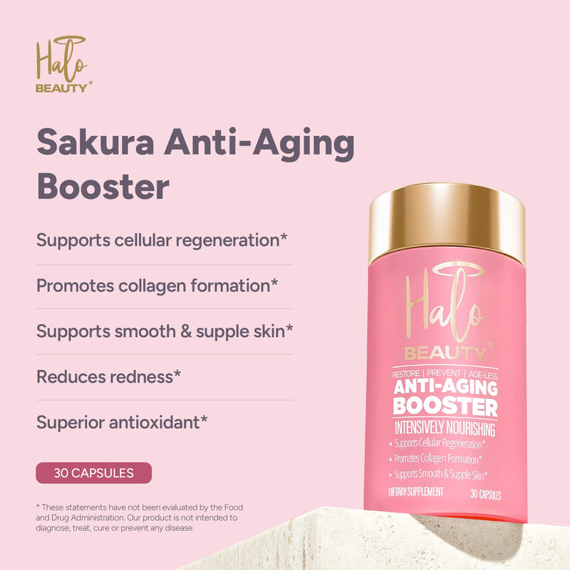 Halo Beauty Sakura Anti-Aging Collagen Support Supplement | Skin Longevity & Cellular Renewal with Cherry Blossom, NAD+ & Botanical Blend | Vegan Skin Health Capsules | 1-Month Supply