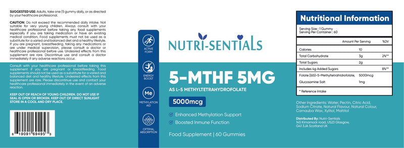 L-5 Methyl Folate Supplement- 5000mcg Active Form Folic Acid Gummies for Optimal Absorption- High Strength Folic Acid - Activated Methylfolate Supplement- 60 Gummies