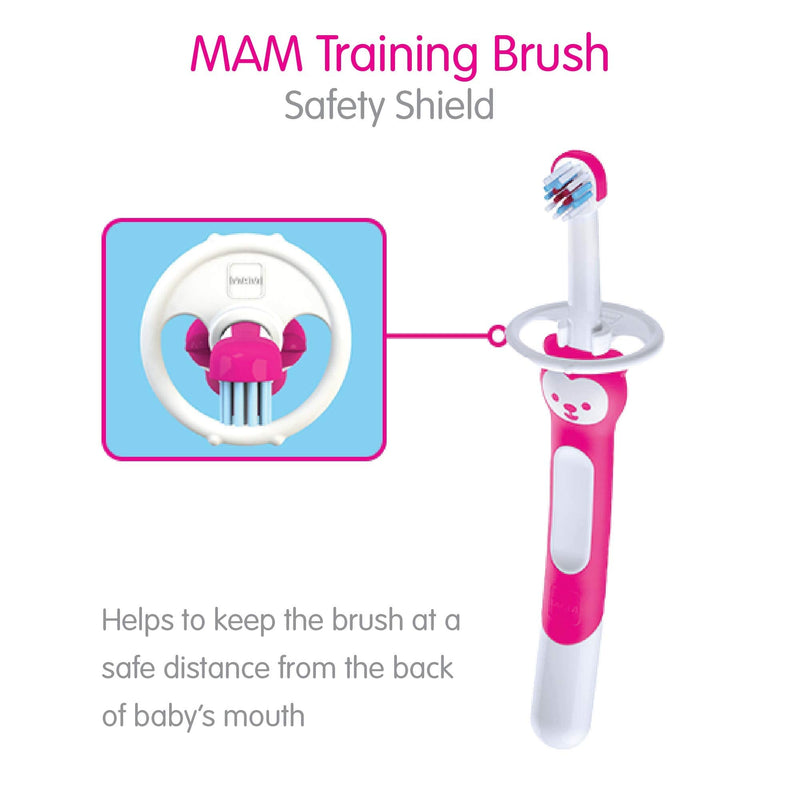 [Australia] - MAM Training Toothbrush for Babies (1 Baby's Brush with Safety Shield), Baby Toothbrush with Brushy The Bear Character, Interactive App, for Girls 5+ Months, Pink (Pack of 2) 1 Count (Pack of 2) 