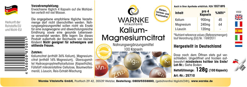 [Australia] - Potassium-magnesium citrate 100 capsules, high dosage, vegan, organic minerals, highly bioavailable | Warnke vital substances - German pharmacy quality 