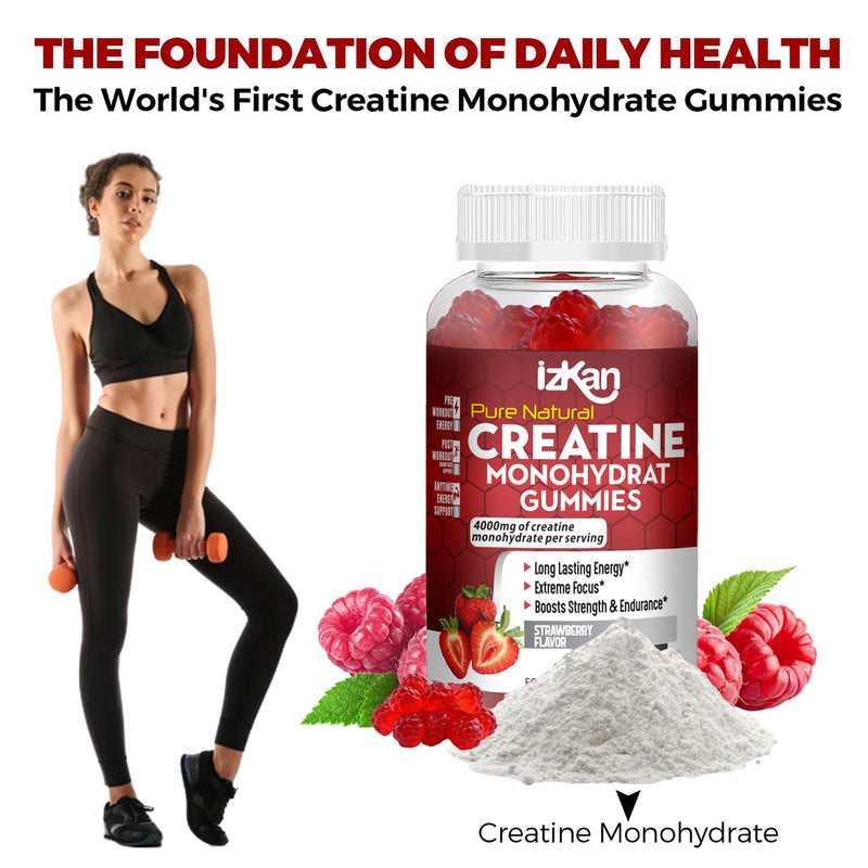 Creatine Monohydrate Gummies 4000mg for Men & Women - 60 Chewable Creatine Gummies Strawberry Flavoured Creatine | Pre Workout Gym Supplement| Vegan | (1 Months Supply) (1) 1
