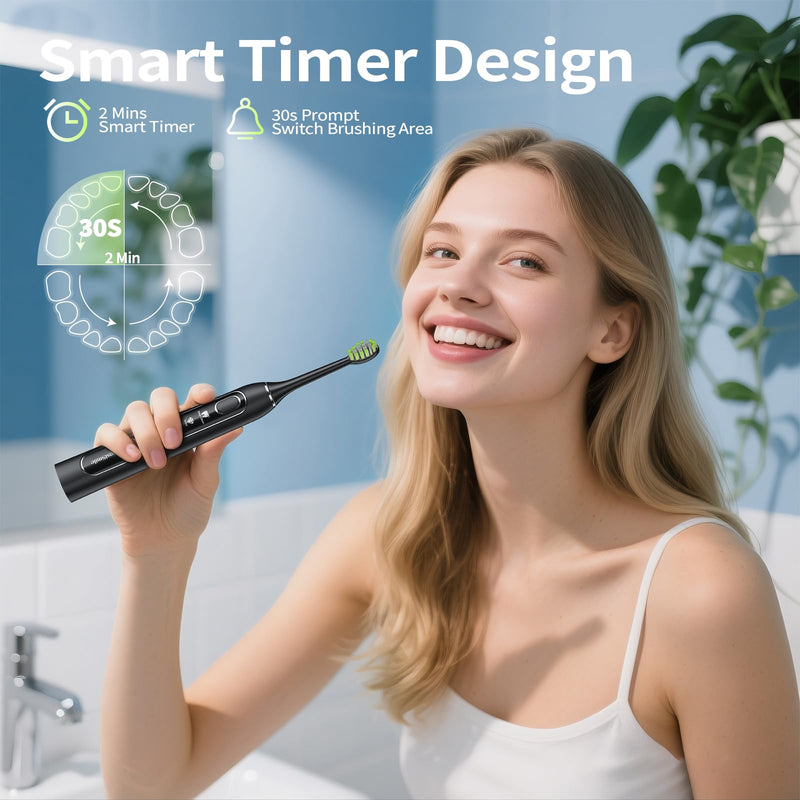 Sonic Electric Toothbrush for Adults: Deep Cleaning for Travel & Sensitive Teeth – Rechargeable Toothbrush with 6 Brush Heads, 42000 VPM, 5 Modes, 100 Days Battery Life for for Home Family Black
