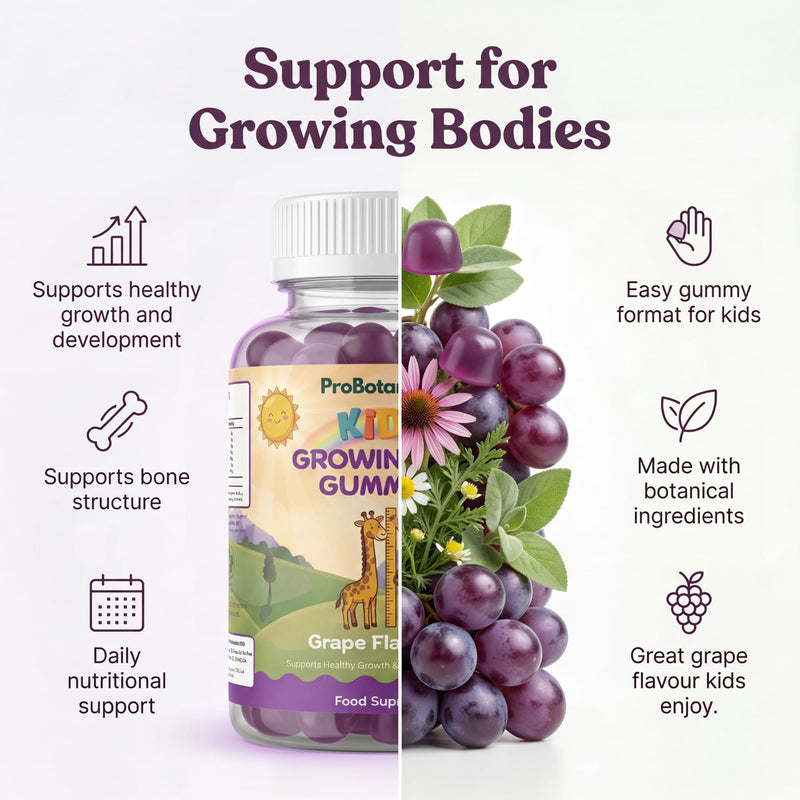 Kids Growth Gummies – Calcium, Vitamin D3 & K2 for Normal Bone Growth & Development in Children | 60 Vegan Grape Chews with Zinc, Astragalus & Collagen | Growing-Up Multivitamin, Ages 5+