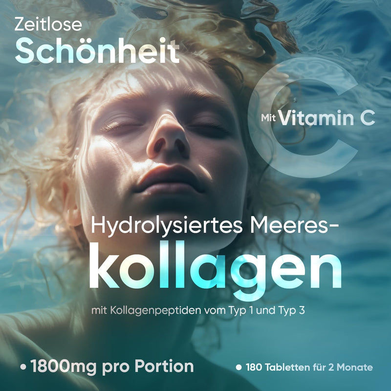 [Australia] - Collagen Tablets - 1800mg Hydrolyzed Collagen Peptides Type 1 & 3 with Vitamin C - 180 Marine Collagen Tablets - 2 Month Supply - For Cell Protection, Bones, Skin & Active Life - From WeightWorld 