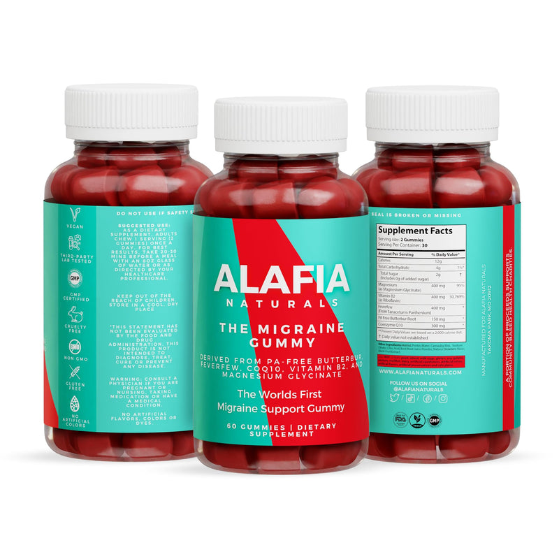 Alafia Naturals The Migraine Gummy - World's First Comfort and Support Gummy - Magnesium Glycinate, Butterbur, Feverfew, CoQ10, Vitamin B2 400mg Riboflavin 400mg 60ct Strawberry