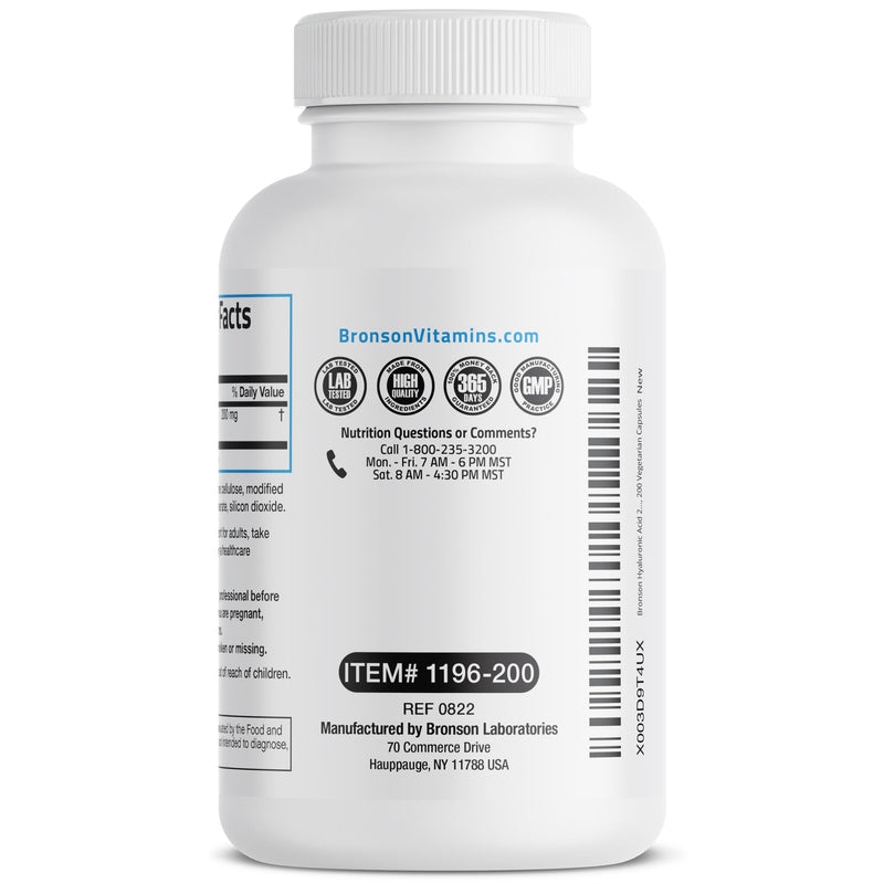 [Australia] - Bronson Hyaluronic Acid 200 MG High Potency Joint Health & Healthy Skin Support, Non-GMO, 200 Vegetarian Capsules 200 Count (Pack of 1) 