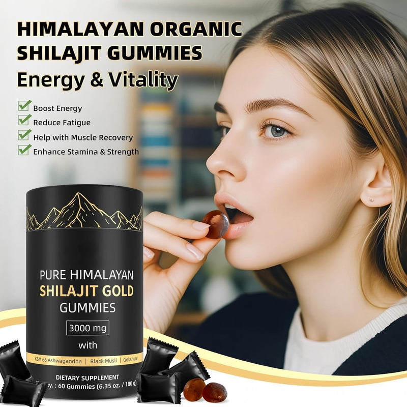 Shilajit Gummies for Men & Women - 3000mg Gold Standard Pure Himalayan Complex with Fulvic Acid, 85+ Trace Minerals & Energy Boost & Immune Support - Vegan & Gluten Free - 60 Gummies