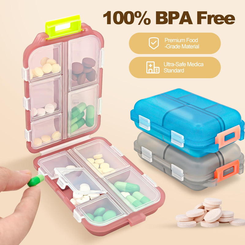 3Pcs Large Pill Organizer with Medicine Labels, 10 Compartments Travel Pill Box with Removable Labels, Portable Foldable Supplement Box Holder for Fish Oil Vitamin, 3.7X2.4X1.8 Inch Multicolor