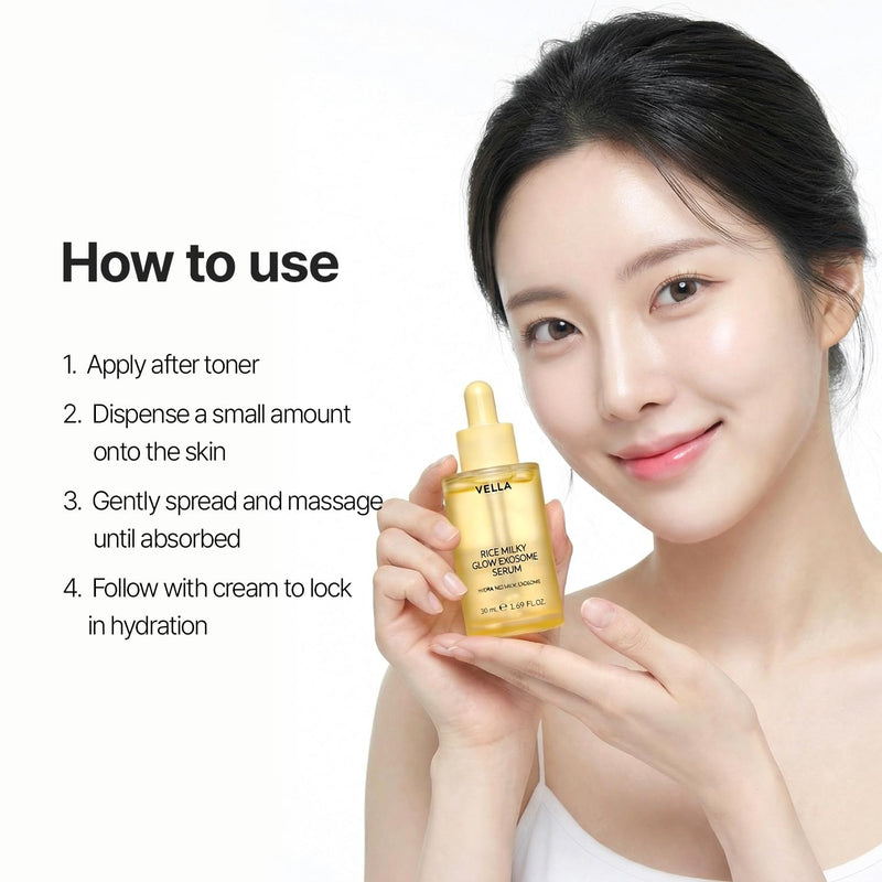 VELLA COSMETIC Rice Milky Glow Exosome Serum, K-Beauty Hydrating Face Serum with Rice Exosome, Glutathione & Vitamin Liposome, for Fresh, Glowy & Dewy-Looking Skin, All Skin Types, 1.69 fl oz (50 mL)