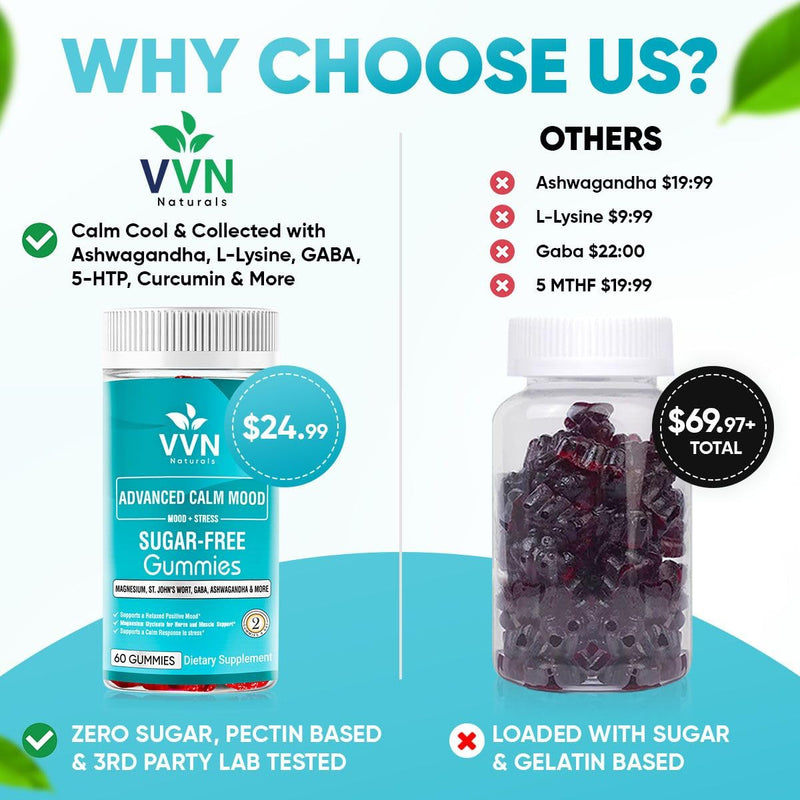 [Australia] - Sugar Free 22 in 1 Calm Mood Gummies St. John's Wort, 5-HTP, GABA, Ashwagandha| Magnesium Glycinate Gummies | Non-GMO, Natural Support Stress & Relaxation, Mood & Energy | Vegan, 60 ct. 