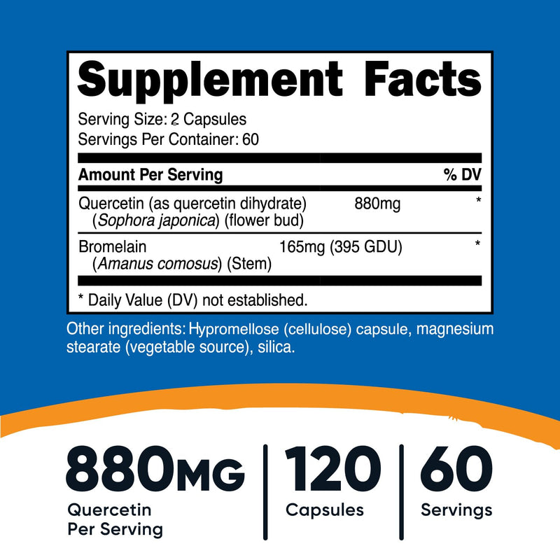 [Australia] - Nutricost Quercetin with Bromelain, 880mg Quercetin + 165mg Bromelain Per Serving, 120 Capsules, 60 Servings (2 Caps Per Serving) - Vegetarian, Non-GMO & Gluten Free 120 Count (Pack of 1) 