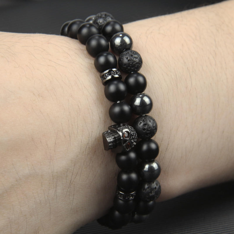 [Australia] - Black Obsidian Bracelet for Men - Black Tourmaline Beaded Bracelets - Mens Bracelet Set 8MM Black Onyx Hematite Lava Stone Beads Triple Protection Bracelet for Men Women Gifts Skull 