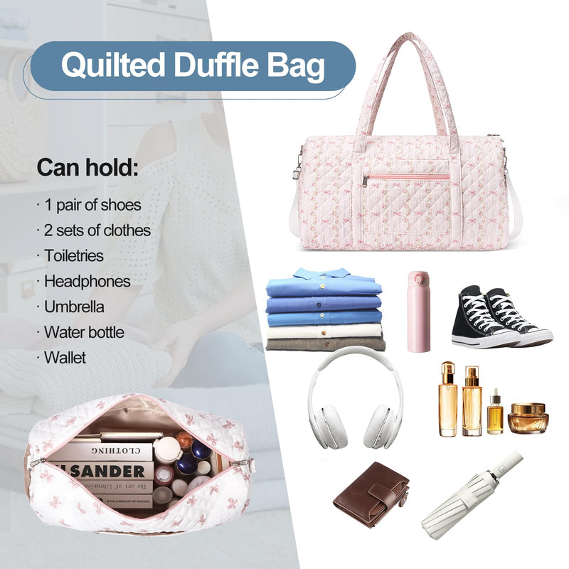 Gym Bag for Women, Cute Duffle Bag, Quilted Duffle Bag for Travel, Floral Duffle Bags, Weekend Bag with Zipper Pocket Dance Bag Organizer A-Striped Bow