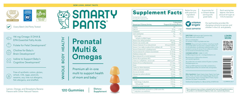 SmartyPants Prenatal Vitamins for Women, Multivitamin Gummies: Omega 3 Fish Oil (EPA/DHA), Biotin, Methylfolate, Vitamin D3, C, Vitamin B12, B6, A, K & Zinc, Inositol, 120 Count (30 Day Supply) 30 Servings Discontinued - 30 Day Supply