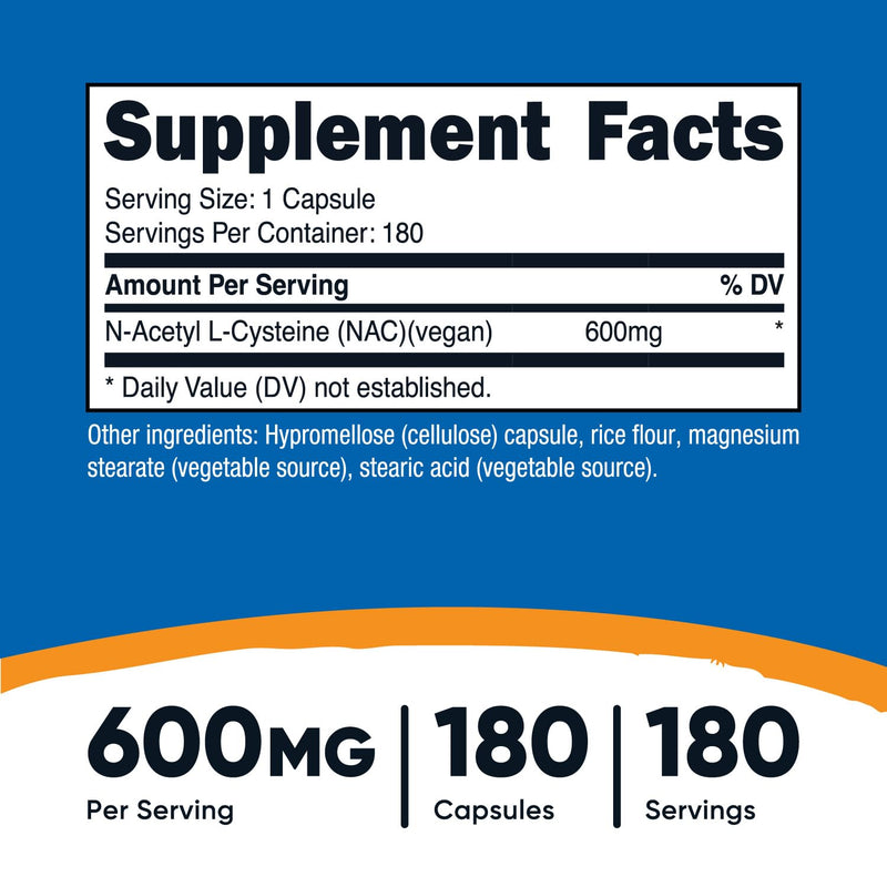 [Australia] - Nutricost N-Acetyl L-Cysteine (NAC) 600mg, 180 Capsules - Non-GMO, Gluten Free Unflavored 180 Count (Pack of 1) 