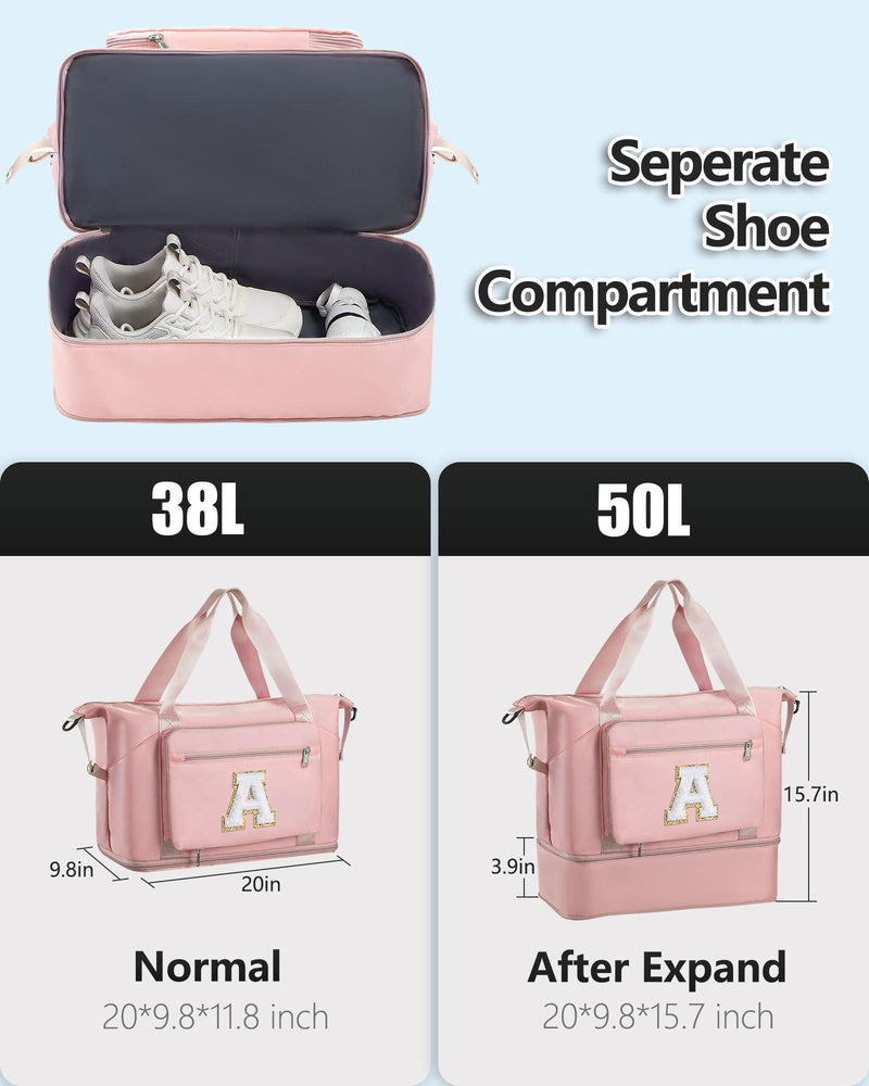 Women Girl Birthday Gifts Weekend Sleepover Overnight Duffle Bag | Teen Teenage Trend Stuff, 50L Carry on Bag Duffel Bags, GYM Bag with Shoes Compartment ,Hospital Bags Pink A