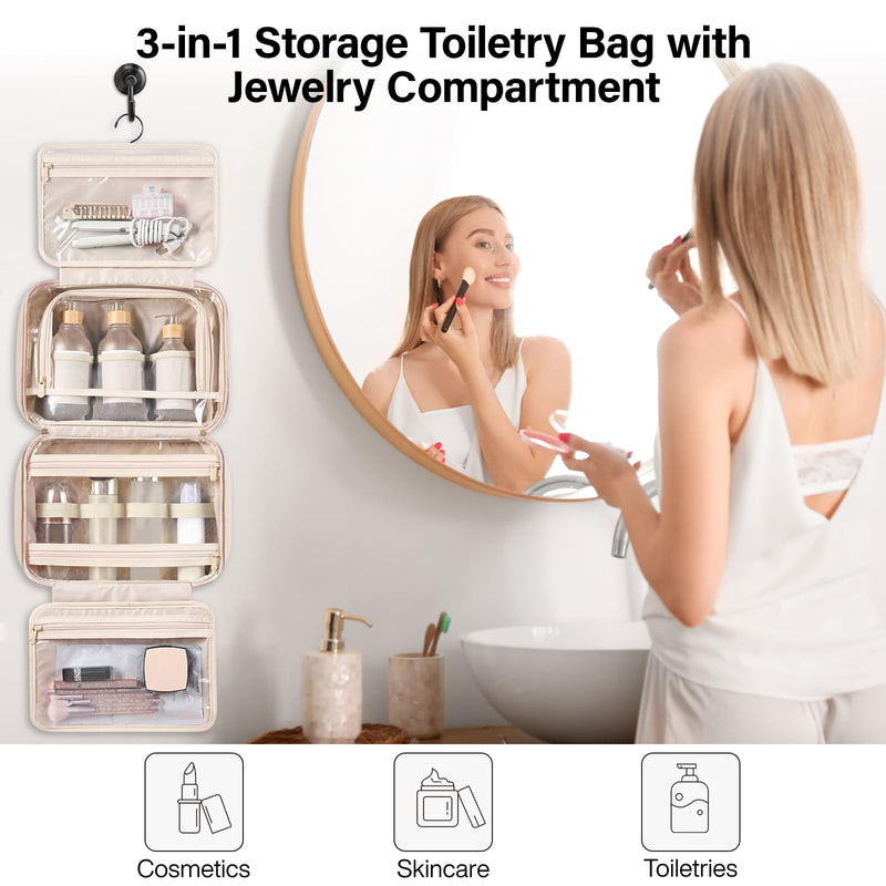 Hanke Hanging Travel Toiletry Bag with Jewelry Organizer, Apricot | Large Capacity, Holds Full-Size Bottles, Water & Stain Resistant, 360° Swivel Hook, Trolley Sleeve, Women's Makeup Organizer