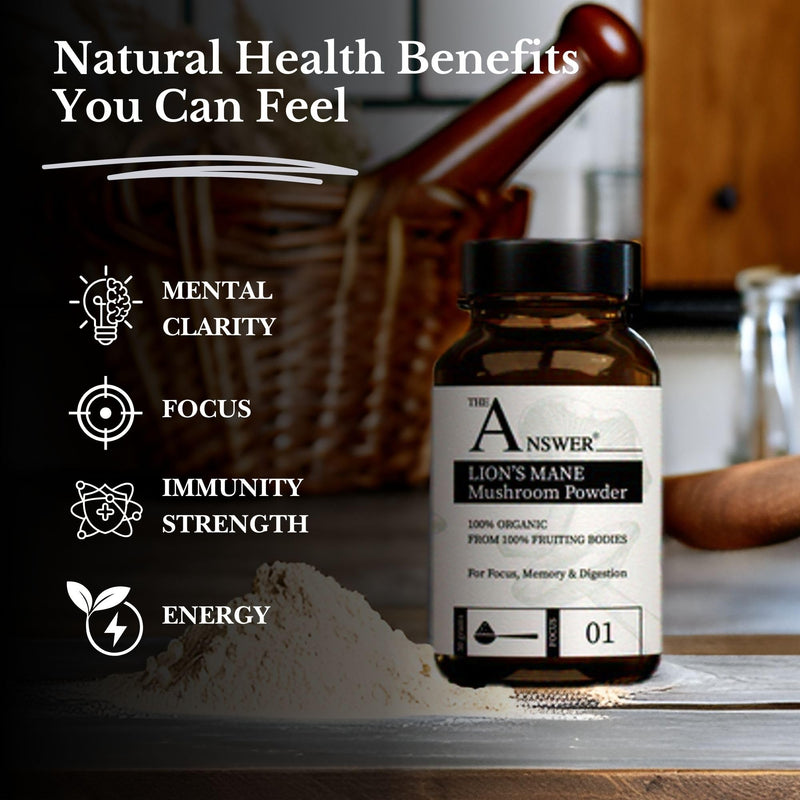 The Answer 100% Organic Lion's Mane Mushroom Powder 50g for Focus, Memory and Digestion - 1000mg-2000mg per Day - High Strength Immune Support Supplement and Everyday Superfood - Made in The UK