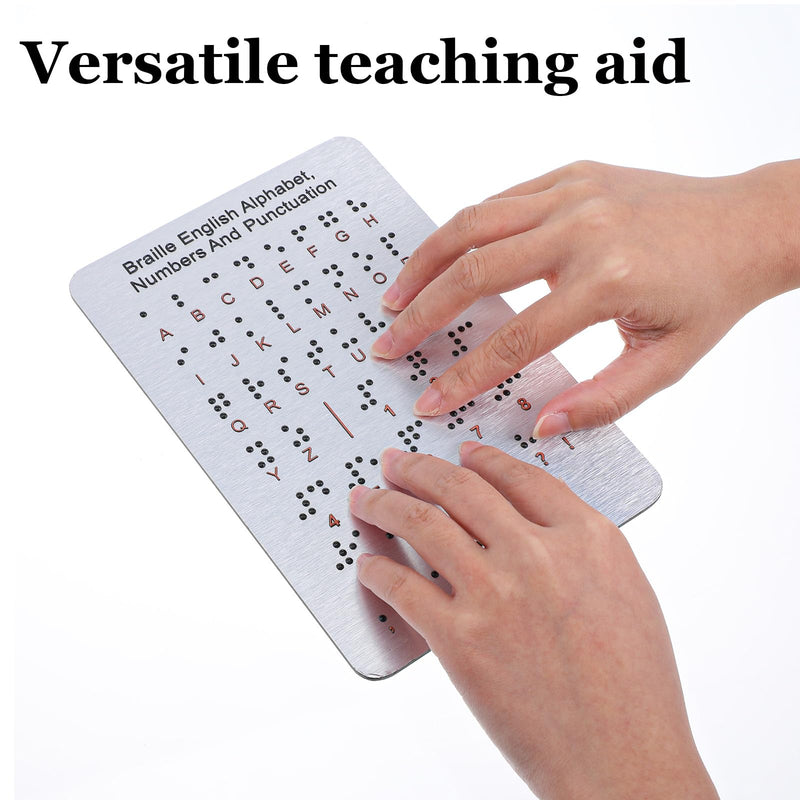 Braille Alphabet Board, Aluminum Letter Fingerboard Portable Carved Dots Numbers Board Braille Gifts Alphabet Chart Visually Impaired Products for Blind People Beginners Teaching Aid (Sliver)