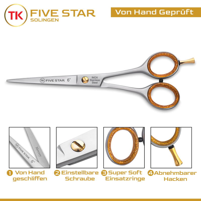 [Australia] - TK FIVE STAR SOLINGEN® Mercury Professional 6 inch extra sharp hairdressing scissors, hair cutting scissors, rust-proof for women, men, hairdressers and children, suitable for strong and fine hair 