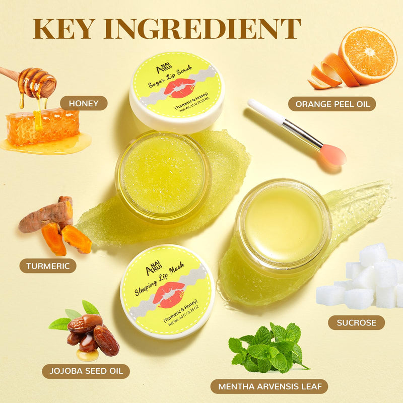 [Australia] - ANAI RUI Lip Care Kit - Lip Sugar Scrub Set, Lip Sleeping Mask & Lip Exfoliator Scrub - Overnight Lip Skin Treatment - Scrub & Moisturizer for Dry Chapped Cracked Peel Lips (Turmeric+Honey) 