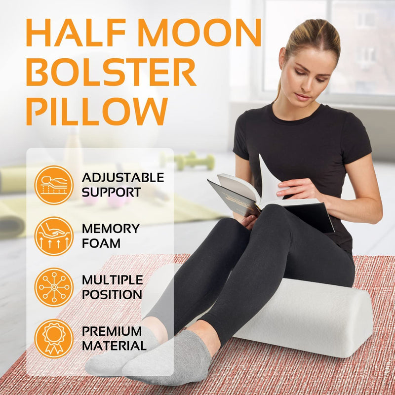 [Australia] - AllSett Health Large Half Moon Bolster Pillow for Legs, Knees, Lower Back and Head, Lumbar Support Pillow for Bed, Sleeping | Semi Roll for Ankle and Foot Comfort - Machine Washable Cover, White White - 1 Pack 