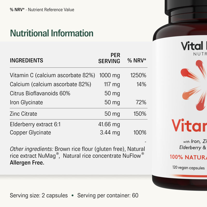 Vitamin C Supplement: Non-Acid VIT C + Iron/Zinc/Copper/Calcium with Citrus Bioflavanoids & Elderberry - UK Made