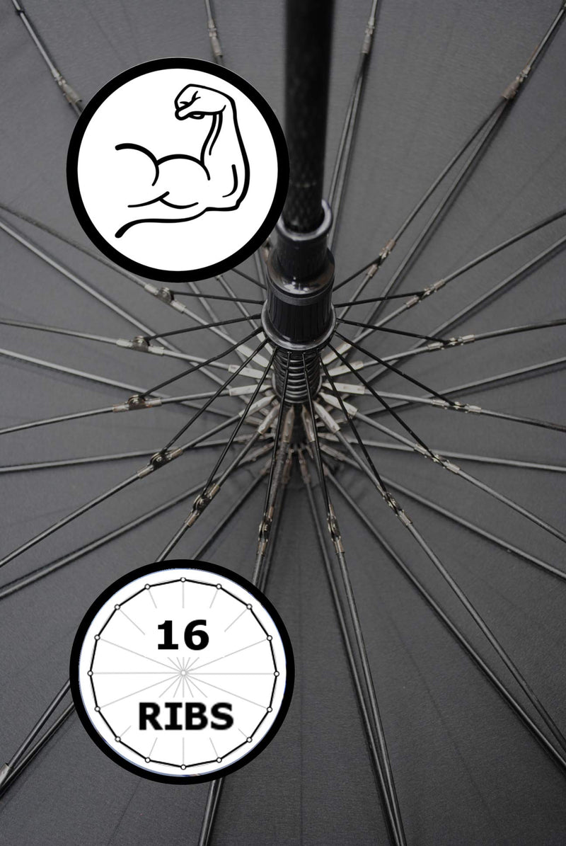 16 Rib - Extra Strong - Windproof Strong Umbrella - Heavy Duty - Auto | Best Triple Layer Reinforced Frame with Fiberglass - Large Straight Auto Umbrella - Black Canopy