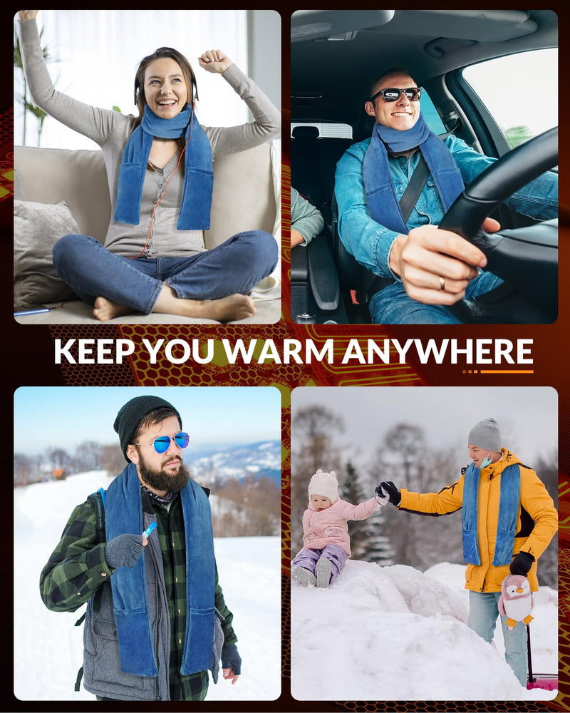 Electric Neck Heating Scarf Pad Cordless 63'' Length Heated Soft Warmer with 10000mAh Rechargeable USB Power Bank, Portable Heated Wrap, Microwave 3 Heat Settings for Brace & Shoulder, Blue
