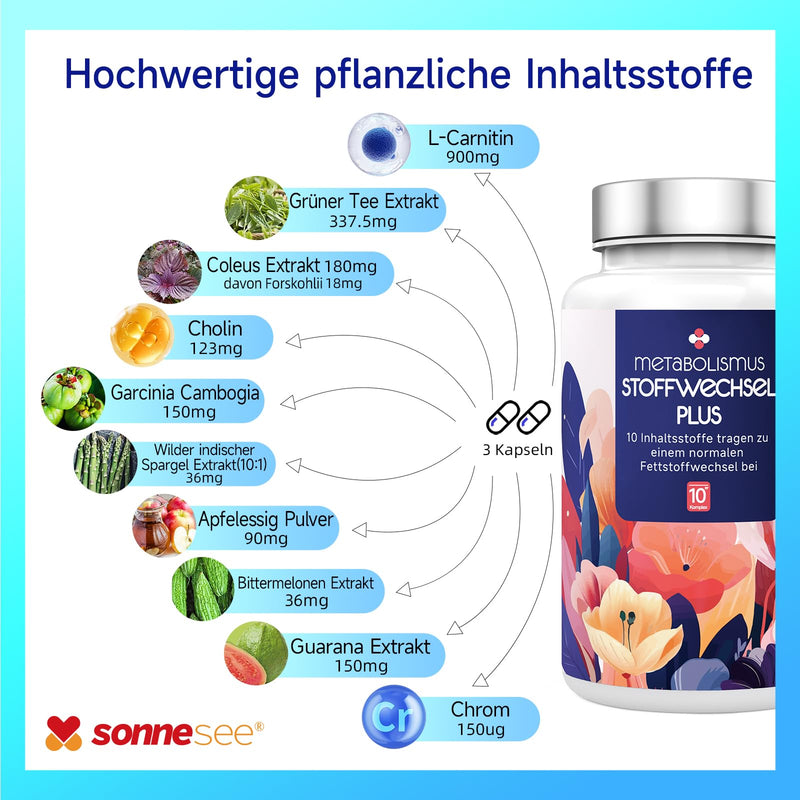 [Australia] - Metabolism 10-fold complex high dose with L-carnitine green tea choline wild Indian asparagus bitter melon garcinia cambogia & chrome apple cider vinegar capsules produced in Germany 