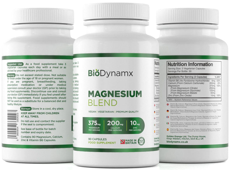 Magnesium 3‑in‑1 Complex 375 mg – Glycinate, Malate & Citrate – 90 High Strength Vegan Capsules (30‑Day Supply) | Energy, Recovery & Sleep Support | UK Made, GMP Certified & Allergen Free