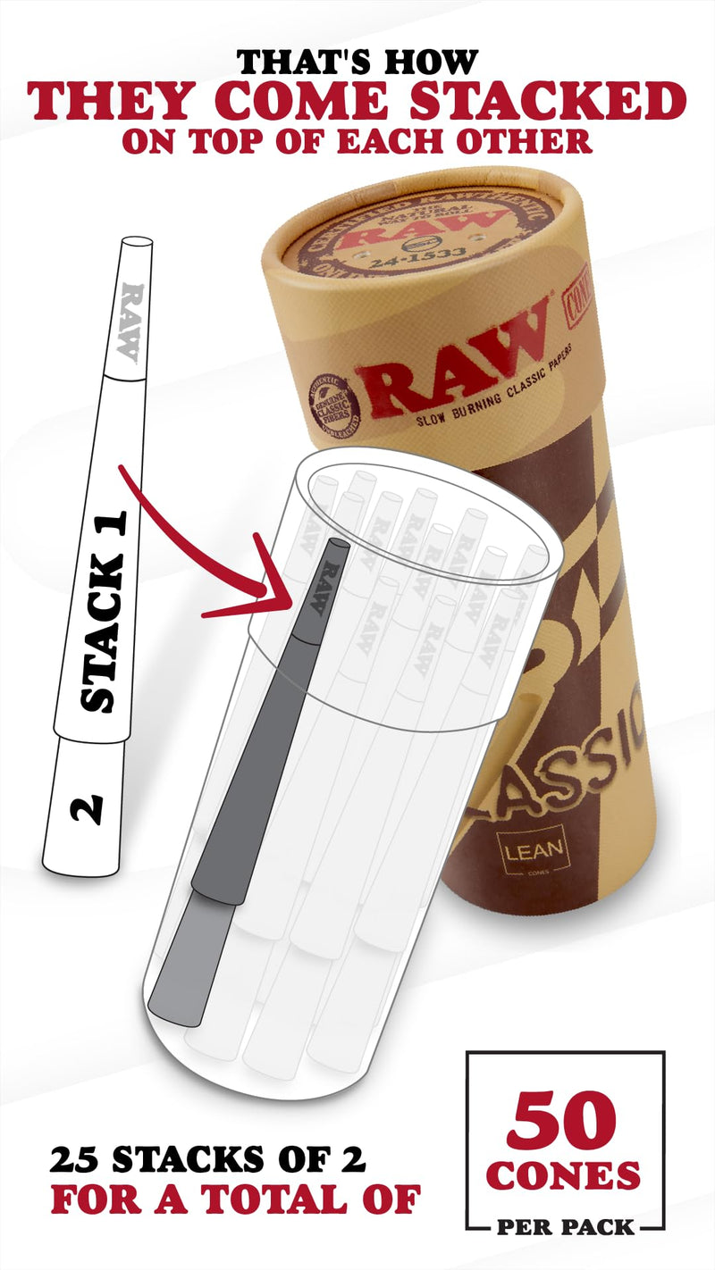 [Australia] - RAW Cones Lean Size Classic - 50 Pack -Slow Burning Rolling Paper Pre-Rolled with Tips 