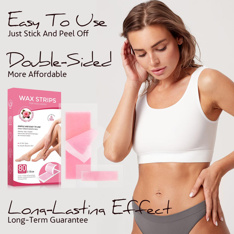 [Australia] - Wax Strips for Hair Removal, Wax Strips, Waxing Kit For Women Face, Body, Arms, Legs, Chest, Back, Bikini Wax Strips, Waxing Hair，Removeal Kit with 80PCS + 4 Calming Oil Wipes 1 Count (Pack of 80) 