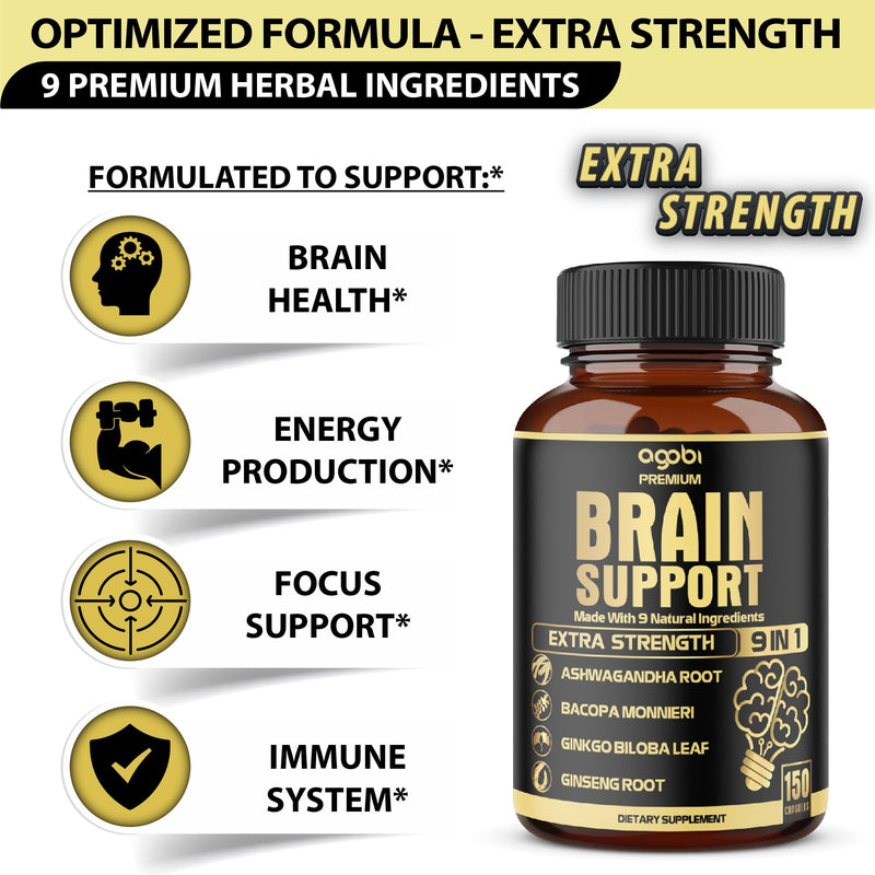 [Australia] - agobi 9in1 Brain Support Supplement - Blended with Ashwagandha, Panax Ginseng, Gotu Kola, Ginkgo Biloba, Black Pepper & More - Accuracy, Focus, Memory & Energy Booster - 150 Capsules for 5 Months 