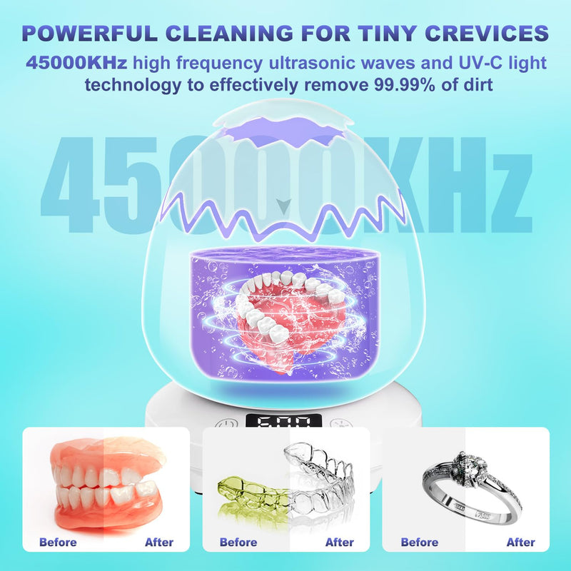 [Australia] - Ultrasonic Retainer Cleaner, 45kHz Denture Cleaner Machine, 4 Cleaning Modes, Removable Base, Dental Cleaning Pod for Mouth Guard/Night Guard/Braces/Aligner/Jewelry 