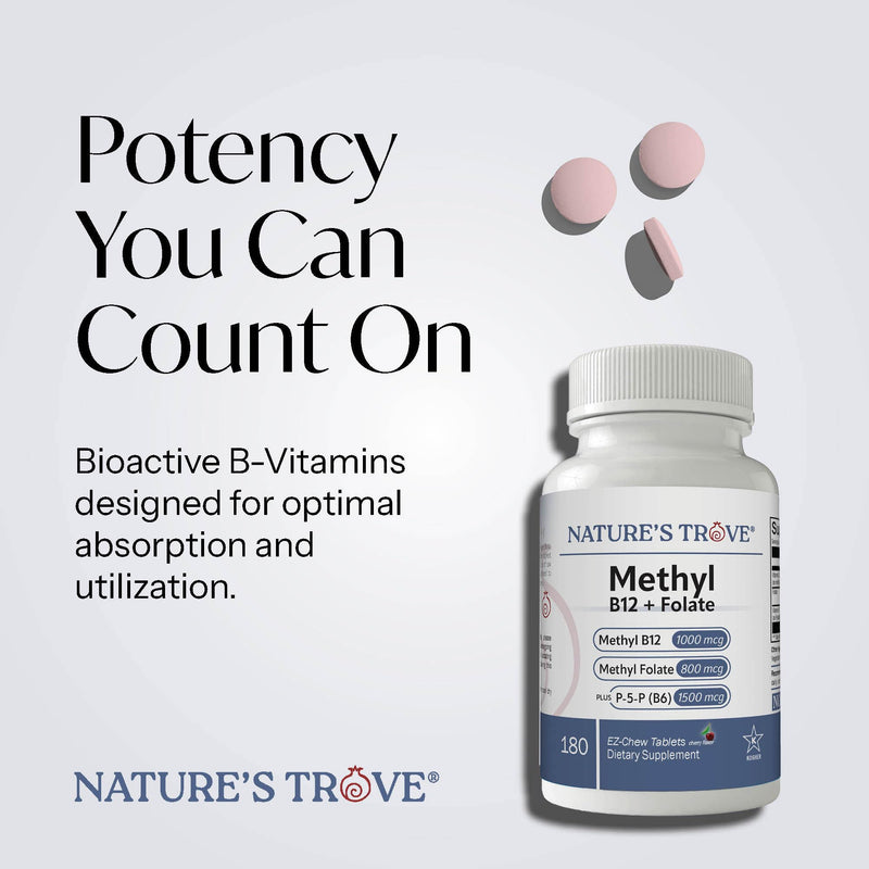 Nature's Trove Methyl B12 (1000mcg) + Folate L-5-MTHF (800mcg) with Vitamin B6 P5P - 180 EZ-Chew Tablets - Natural Cherry Flavor - Bioactive B-Vitamin Support - Vegan, Gluten-Free & Kosher