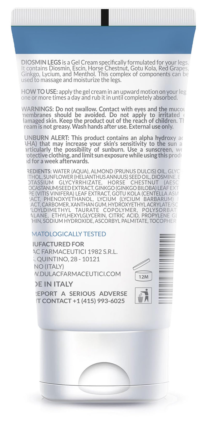 Dulac - Diosmin Legs, Refreshing Gel Cream for Daily Leg Care, 5.07 Fl Oz | With Diosmin, Menthol, Horse Chestnut, Butcher's Broom and Red Vine, Cooling Refreshing, Fast-Absorbing, Made in Italy DiosminLegs