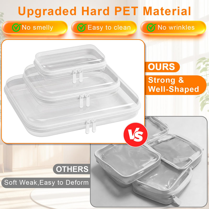 Clear Hard Shell Storage Bag 3 Pcs Waterproof PET Travel Cosmetic Organizer | Multi-size Plastic Zipper Pouch Crush-proof Makeup Box Fits Cosmetics,Toiletries for Travel,Home,Outdoors