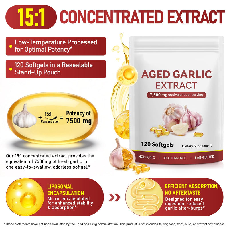 Aged Garlic Extract | 120 Softgels | 24 Months Aged Garlic Capsules | Aged Garlic Extract 7,500mg Odorless| Non-GMO, Gluten-Free | for Men and Women