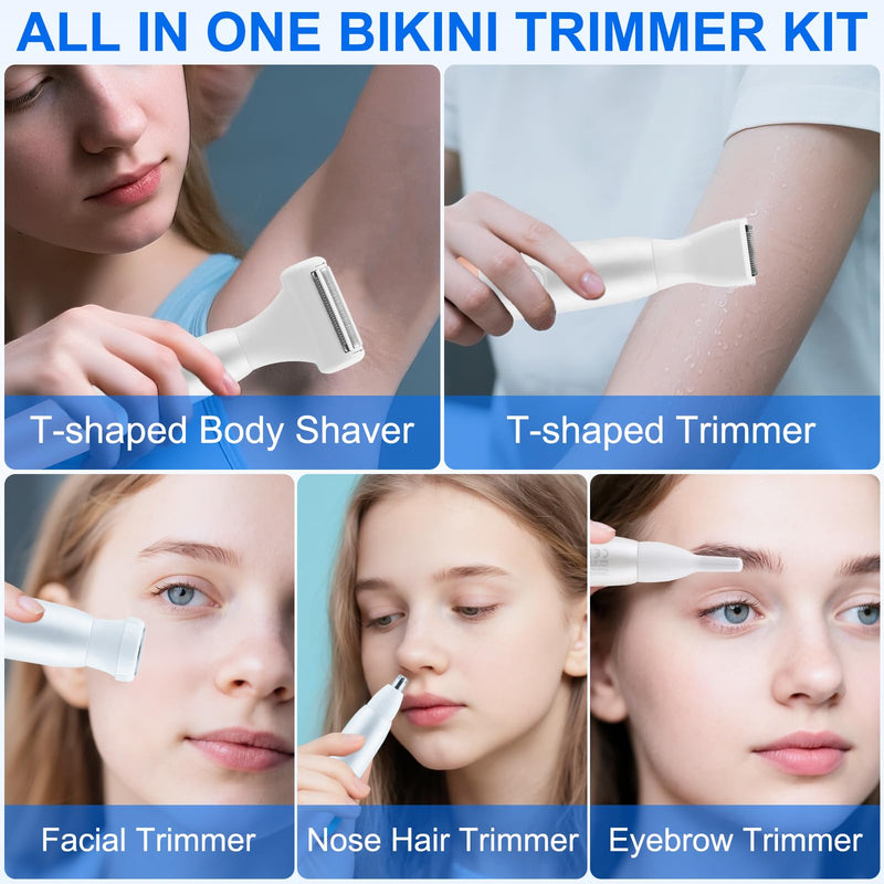 [Australia] - 5-in-1 Bikini Trimmer for Women, IPX7 Waterproof Rechargeable Electric Razors Shaver, Cordless Body Hair Trimmer with LED Display for Nose Eyebrows Beard Underarm Leg Arm, Easy Cleaning Grooming Kit 
