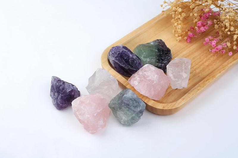 [Australia] - QINJIEJIE 100% Large Amethyst Rose Quartz Premium Water Stones Basic Mix Stones 4 Pieces Natural Stones Healing Stones Set Natural Crystals Raw Stones 4.5-5 cm A-rose quartz, amethyst, clear quartz and fluorite 