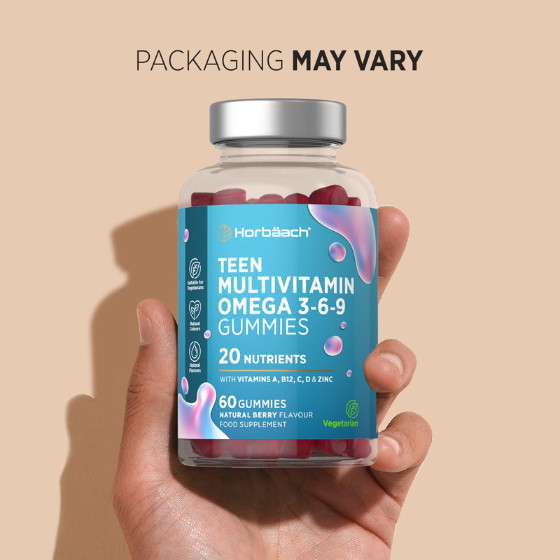 Teen Multivitamin Gummies | 60 Count | 20 Nutrients with Added Omega 3 6 9 | Berry Flavoured Supplement for Teenage Boys and Girls | Vegetarian | By Horbaach